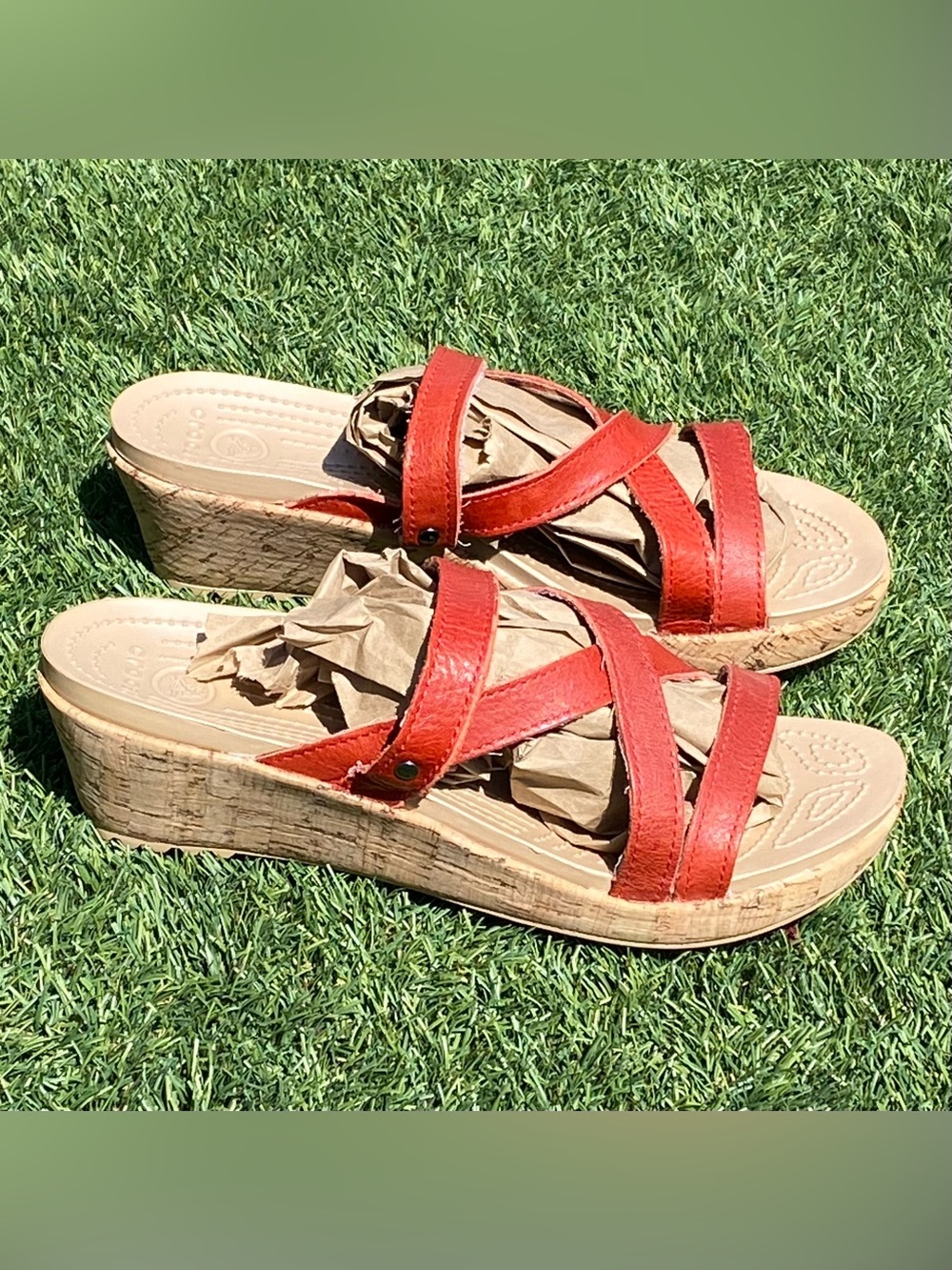 Crocs A-Leigh Mini Wedge Leather Women Size 8 Red New Strappy Cork Sandals